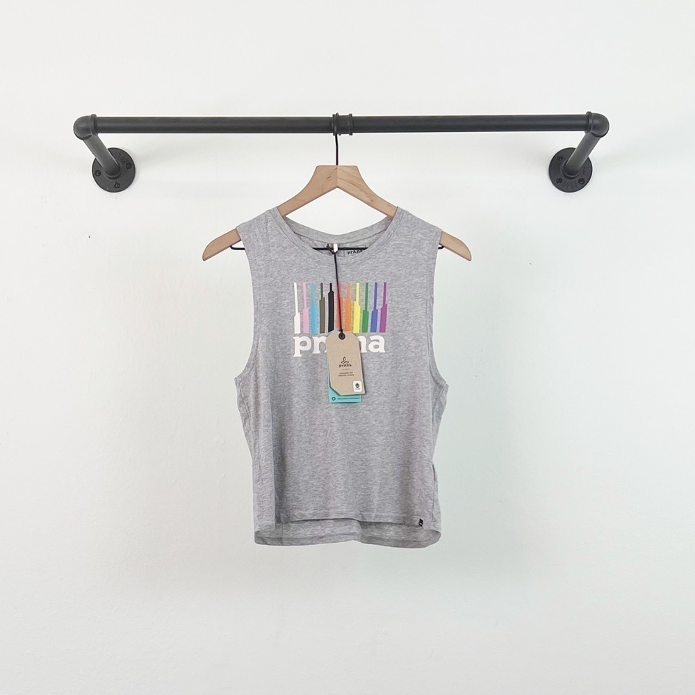 NWT Prana Organic Graphic Sleeveless Shirt Heather Grey Pride Mountain - Picture 4 of 7